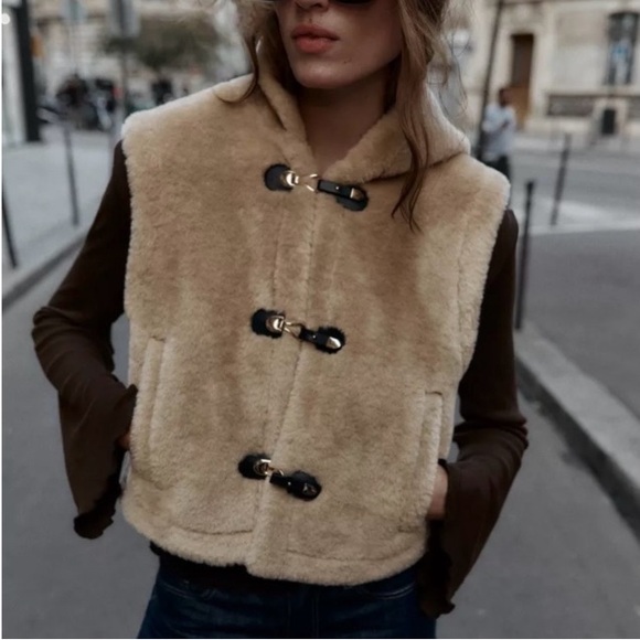 Zara Jackets & Blazers - ZARA Tan Faux Shearling Fur Hooded Vest NWT